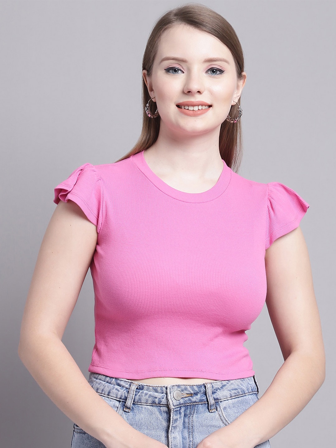 

GRACIT Flutter Sleeve Fitted Crop Top, Pink