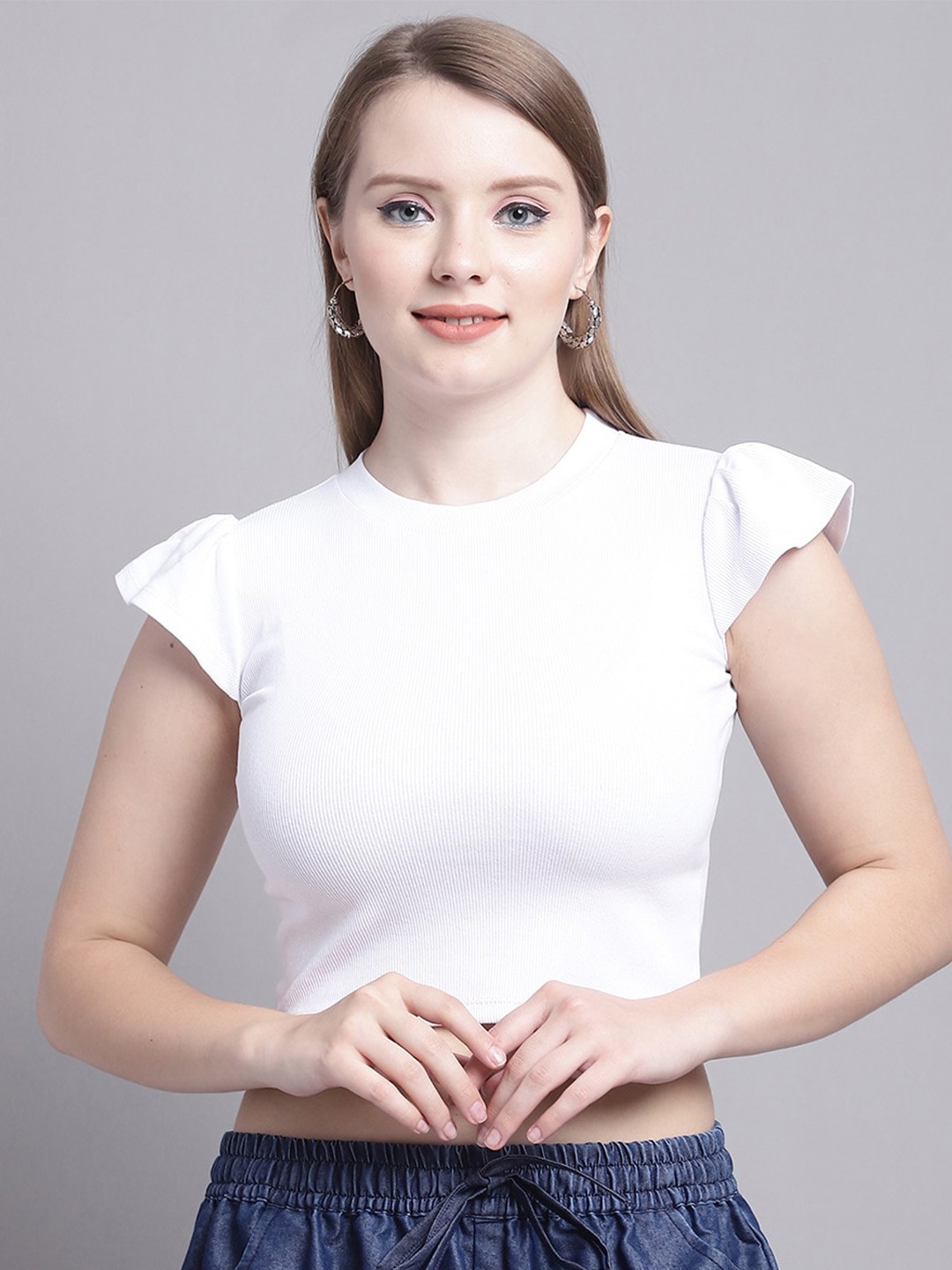 

GRACIT Flutter Sleeve Knitted Crop Top, White