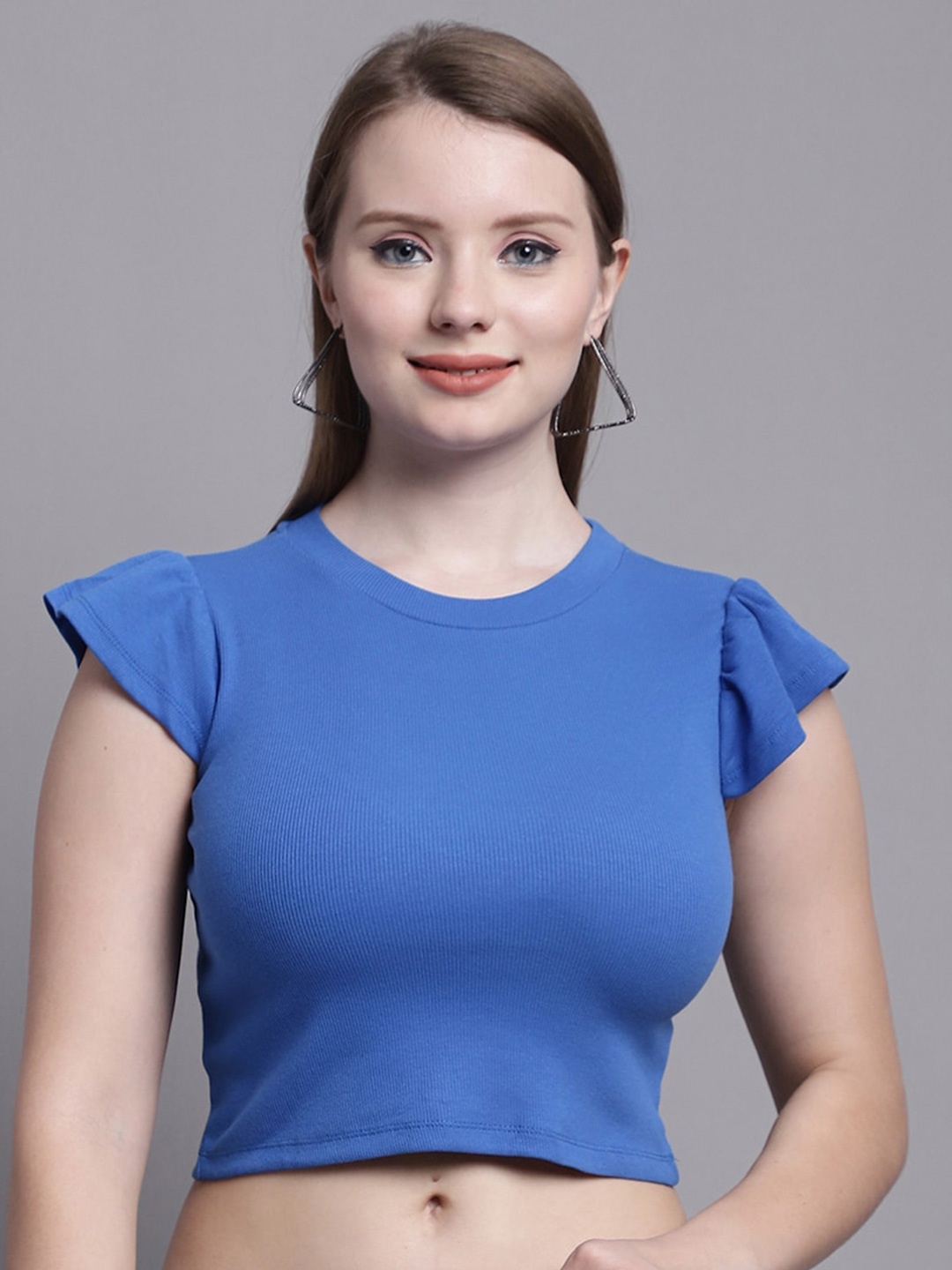 

GRACIT Flutter Sleeve Knitted Crop Top, Blue