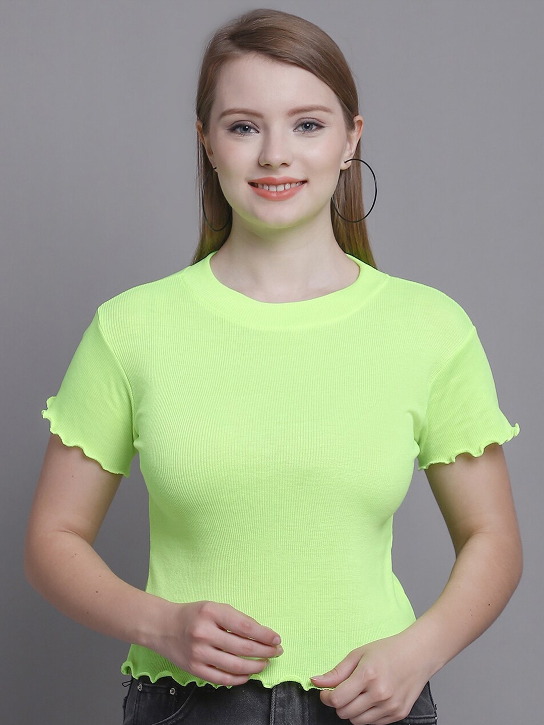 

GRACIT Round Neck Crop Fitted Top, Lime green
