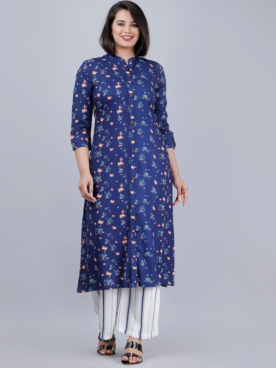 

MAUKA Floral Printed Mandarin Collar A-Line Kurta with Palazzos, Blue