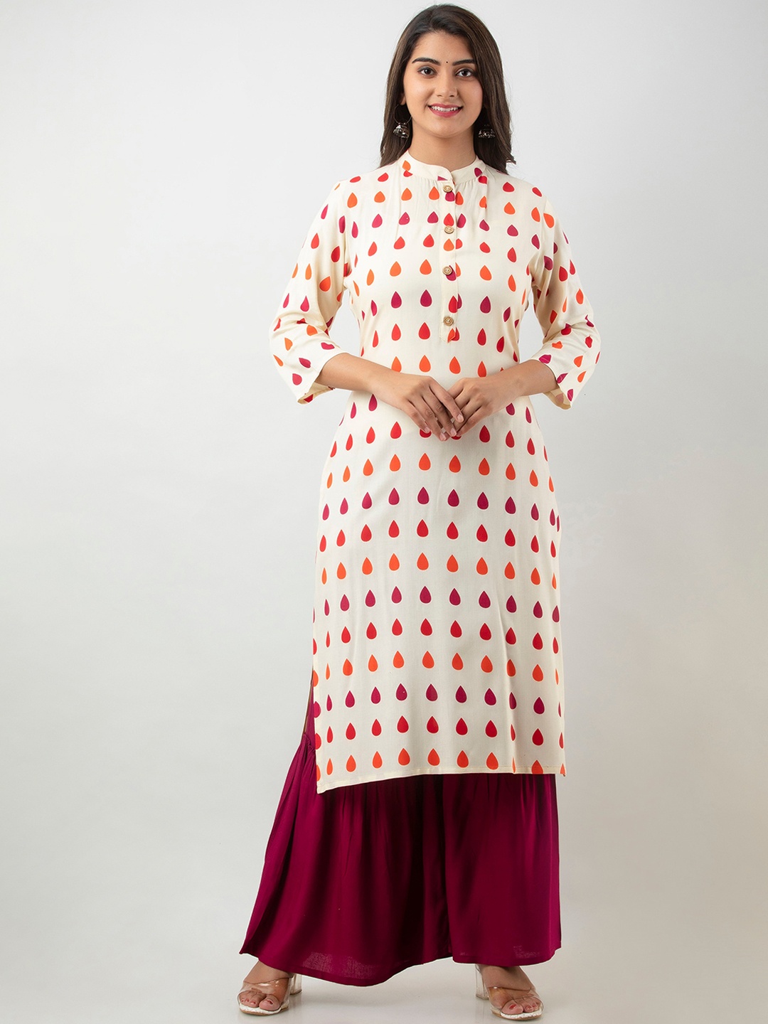 

MAUKA Geometric Printed Straight Kurta with Sharara, Cream