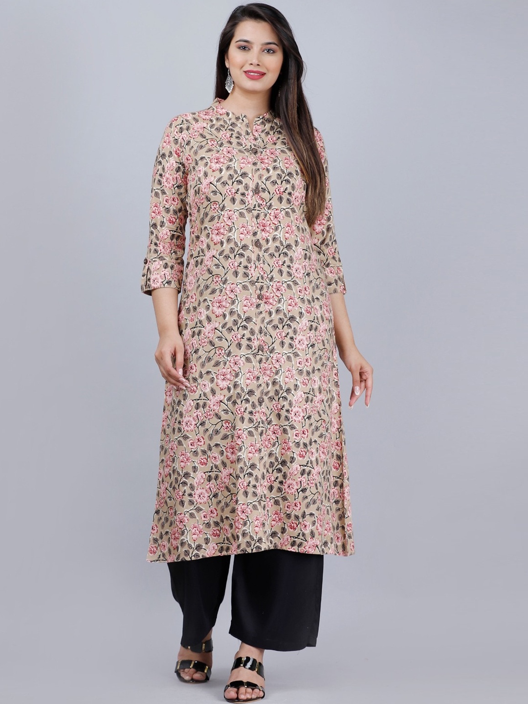 

MAUKA Floral Printed Mandarin Collar A-Line Kurta with Palazzos, Cream