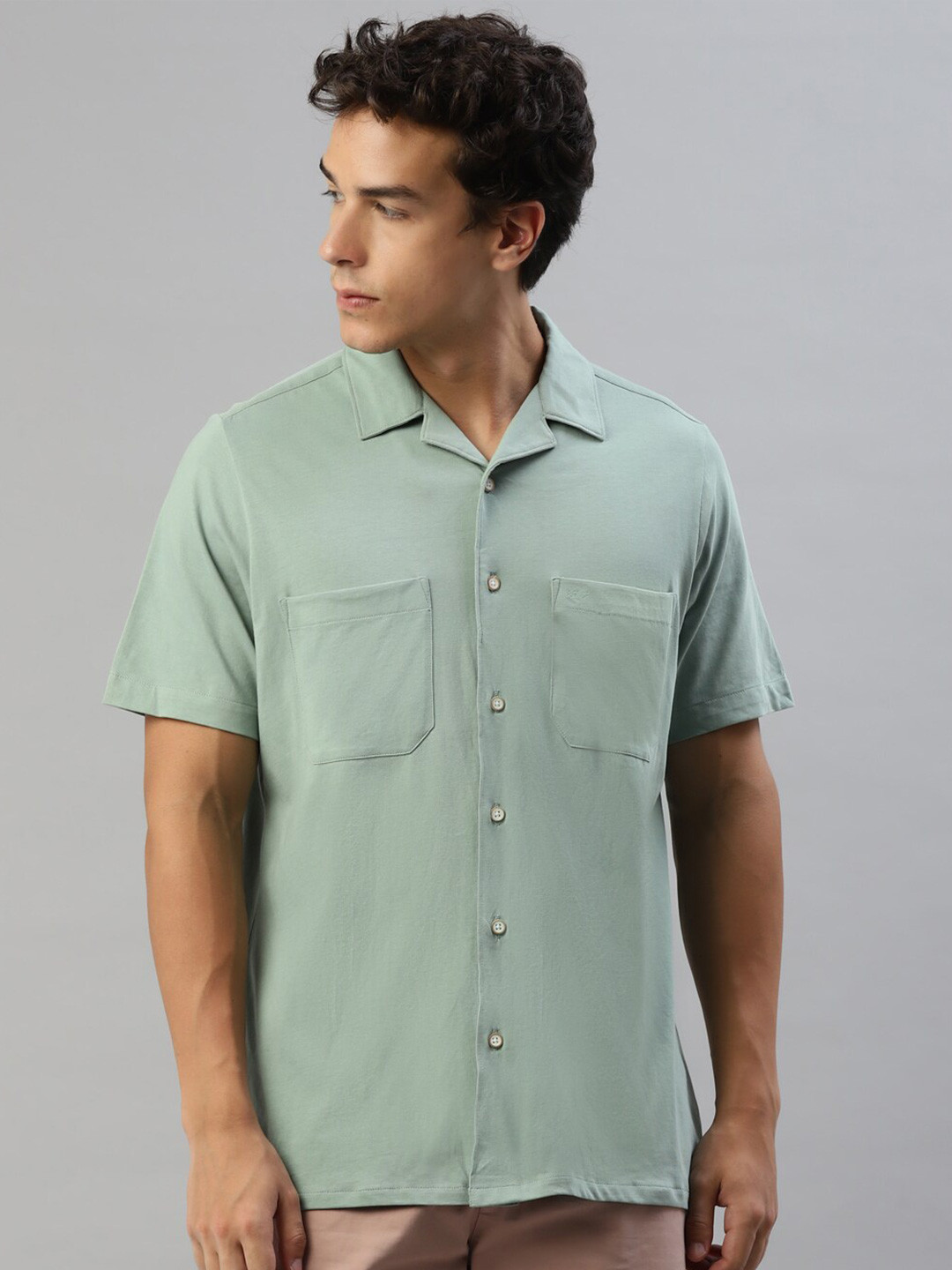 

Slowave Comfort Spread Collar Cotton Casual Shirt, Green