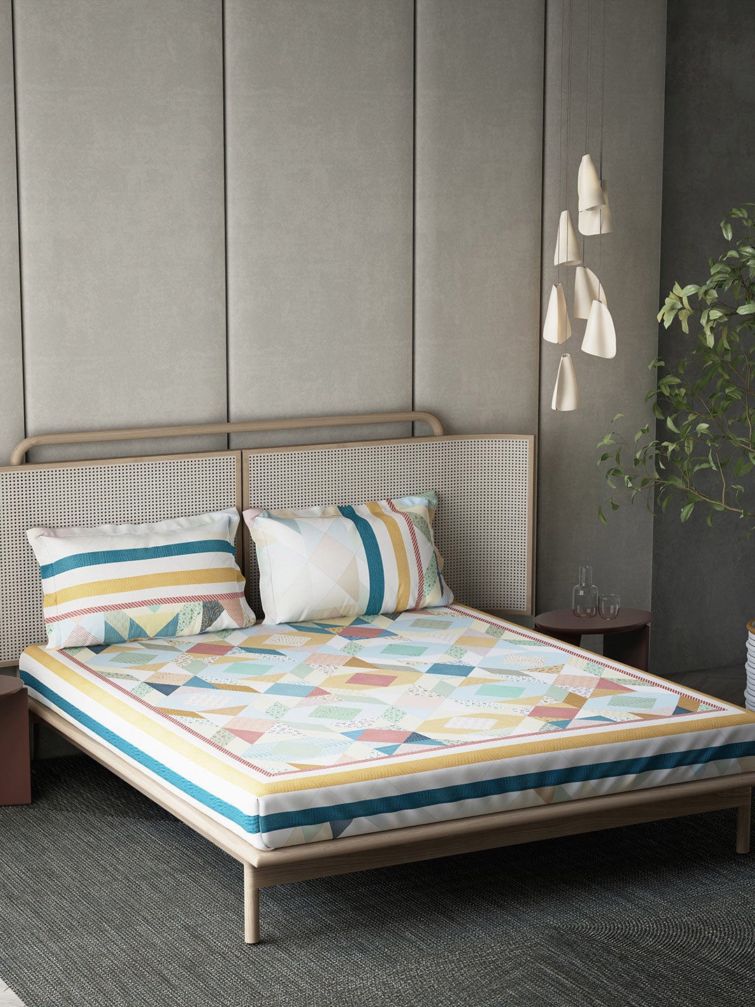 

DDecor White & Blue Geometric Cotton 140 TC King Bedsheet with 2 Pillow Covers