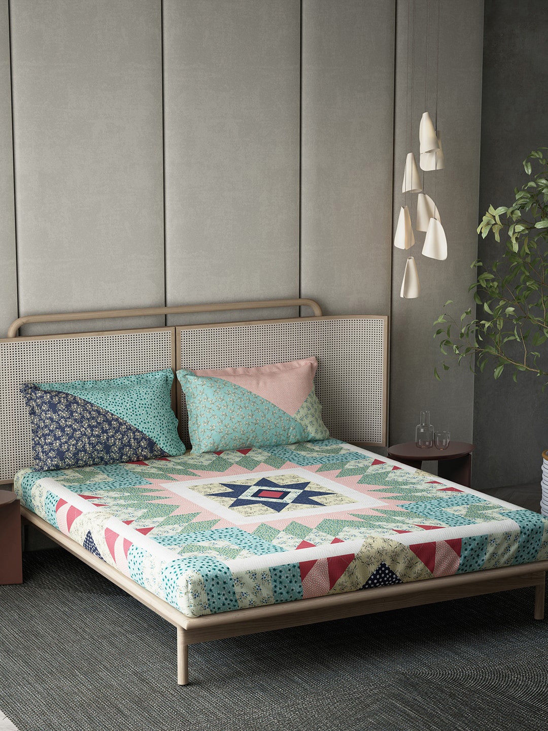 

DDecor Green & Pink Ethnic Motifs Cotton 140 TC King Bedsheet with 2 Pillow Covers