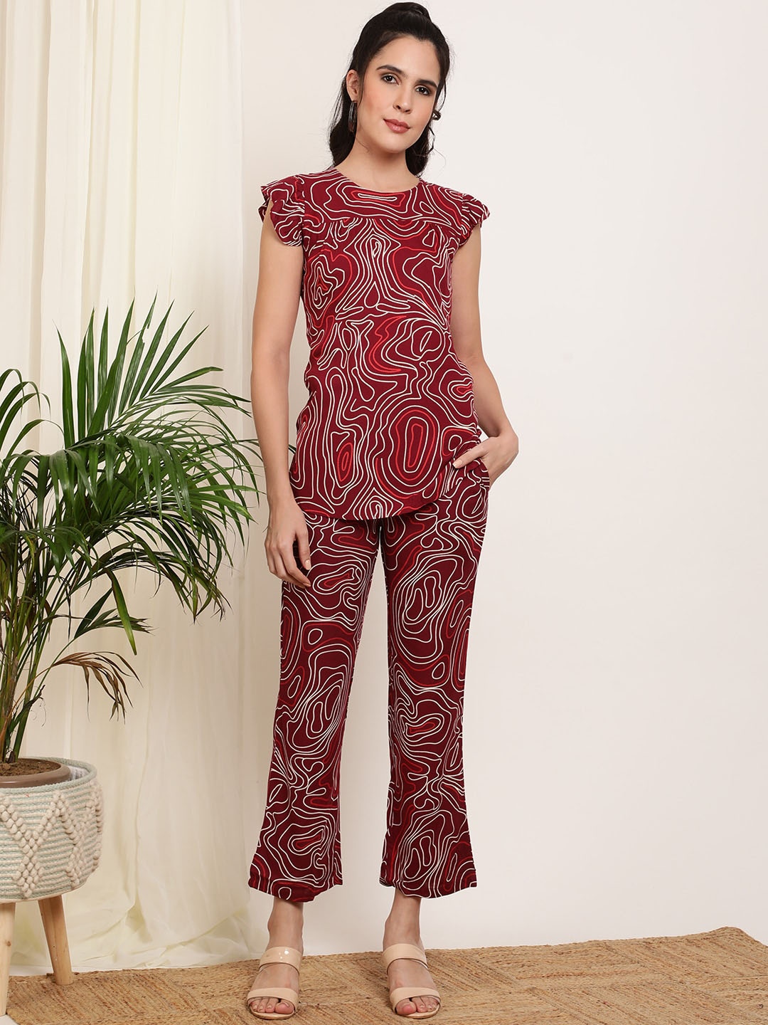 

DAEVISH Abstract Printed Flutter Sleeves Top & Trousers, Maroon