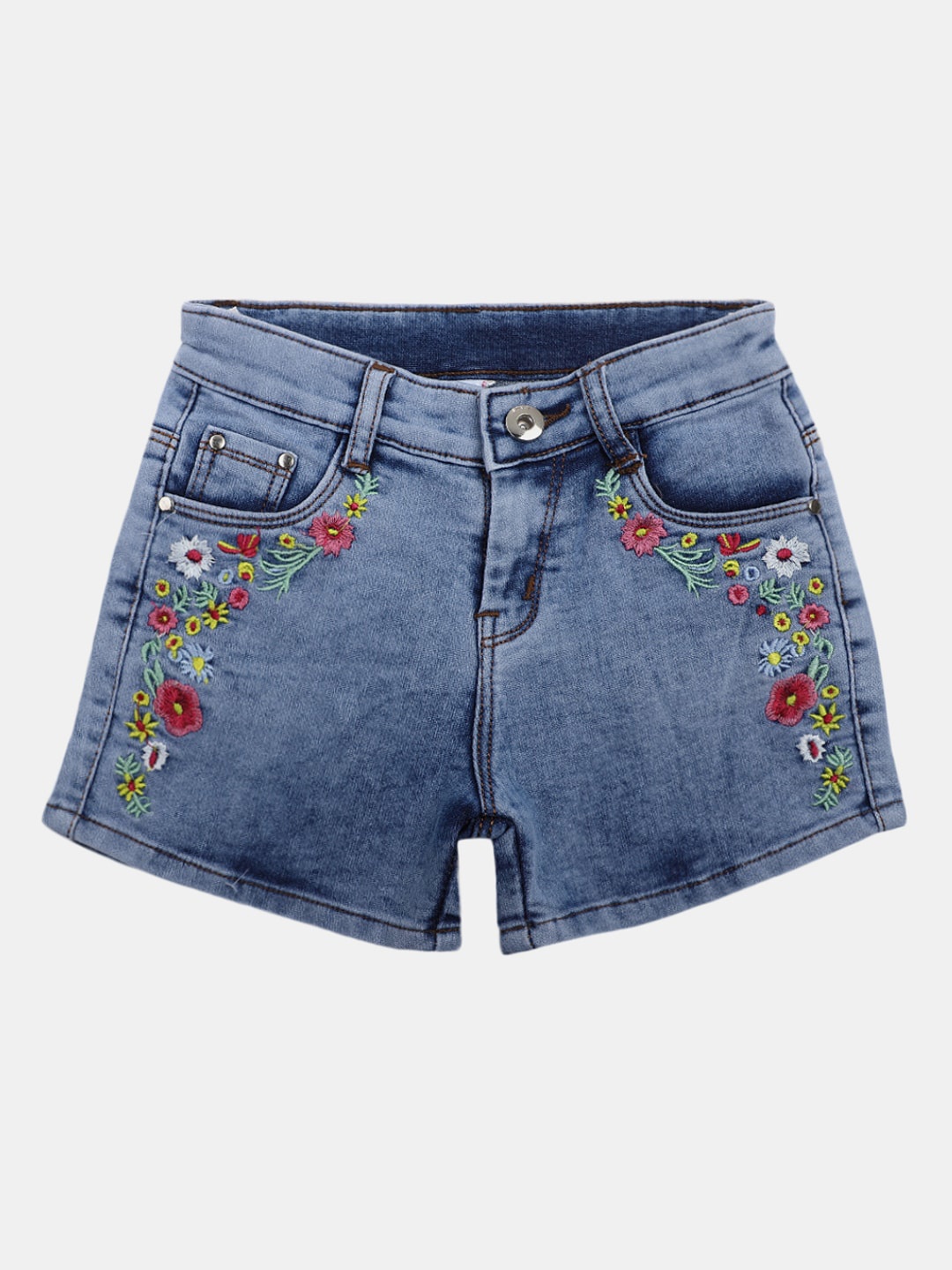 

V-Mart Girls Floral Embroidered Denim Shorts, Blue
