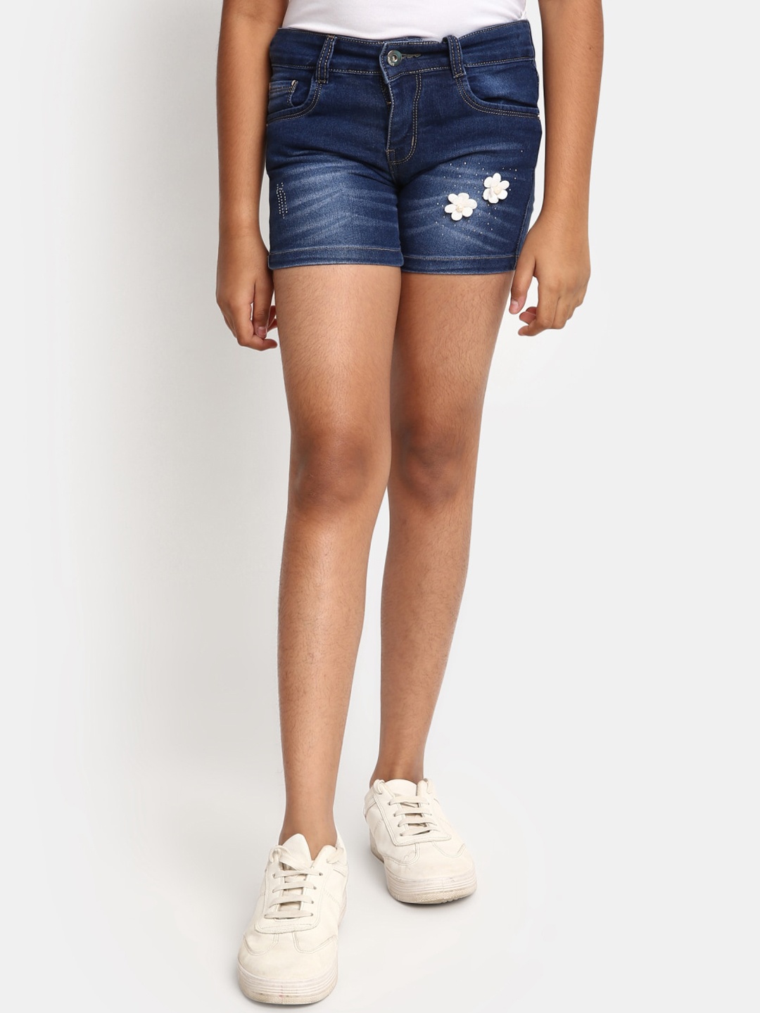 

V-Mart Girls Mid-Rise Washed Denim Shorts, Blue