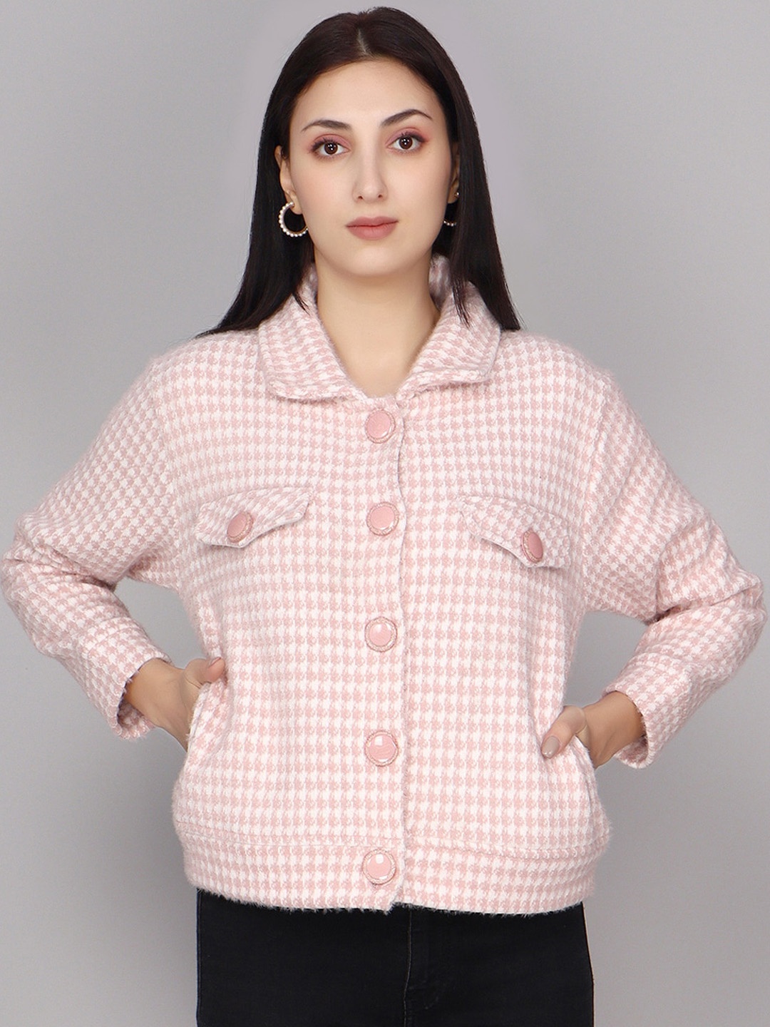 

ANTI CULTURE Checked Woollen Open Front Jacket, Pink