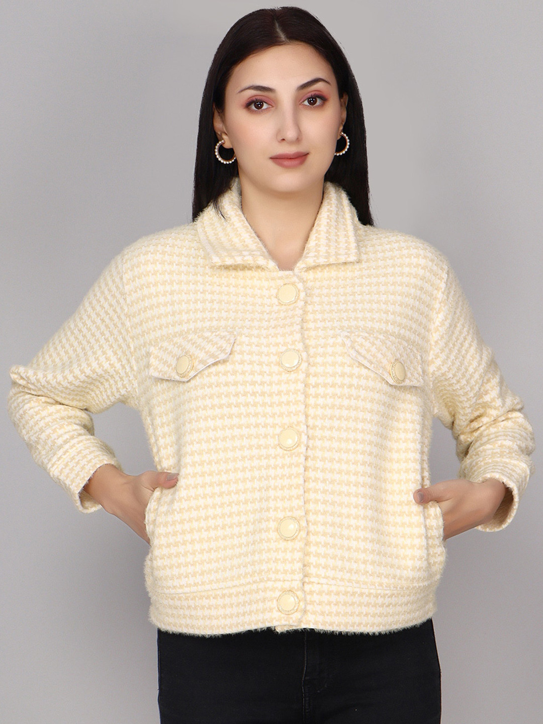 

ANTI CULTURE Checked Woollen Open Front Jacket, Yellow