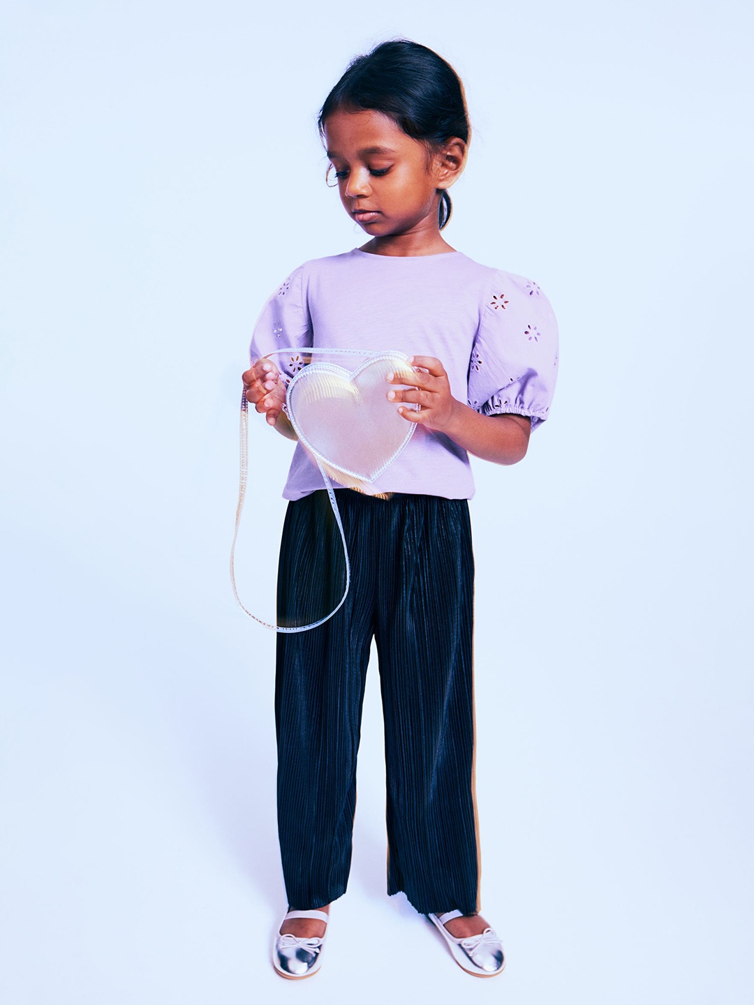 

H&M Girls Pure Cotton Puff Sleeved Tops, Purple