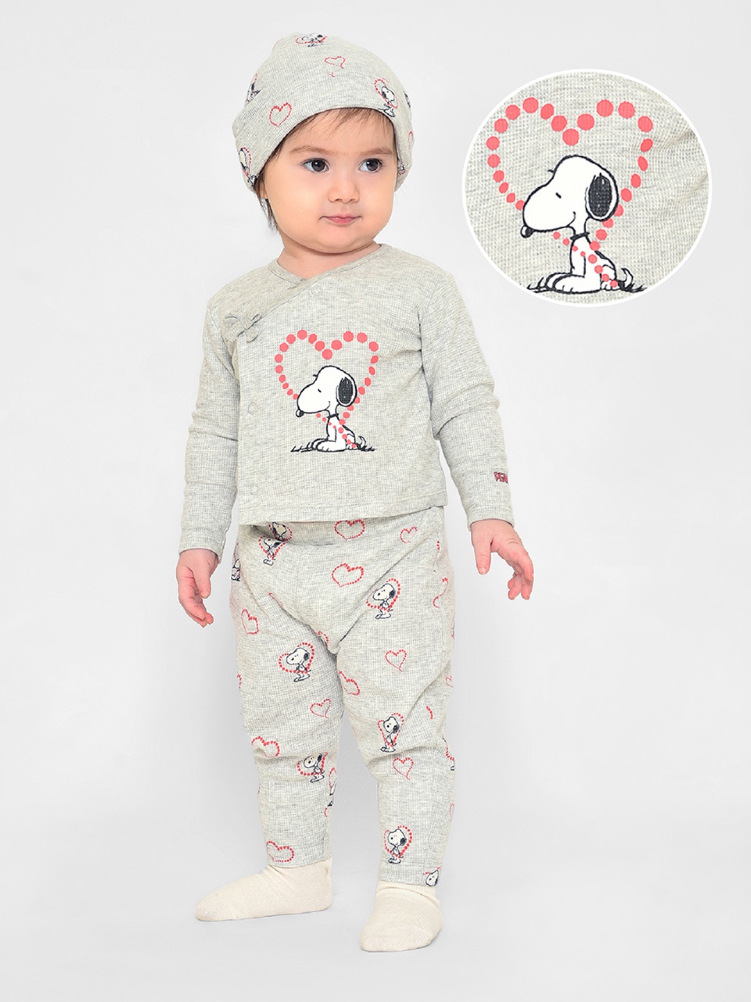 

MiArcus Infants Peanuts Printed Cotton Top with Pyjamas And Cap, Grey