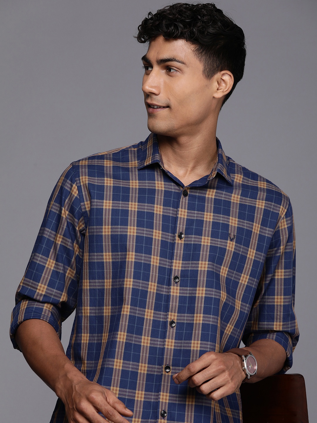 

Allen Solly Pure Cotton Sport Slim Fit Checked Casual Shirt, Navy blue