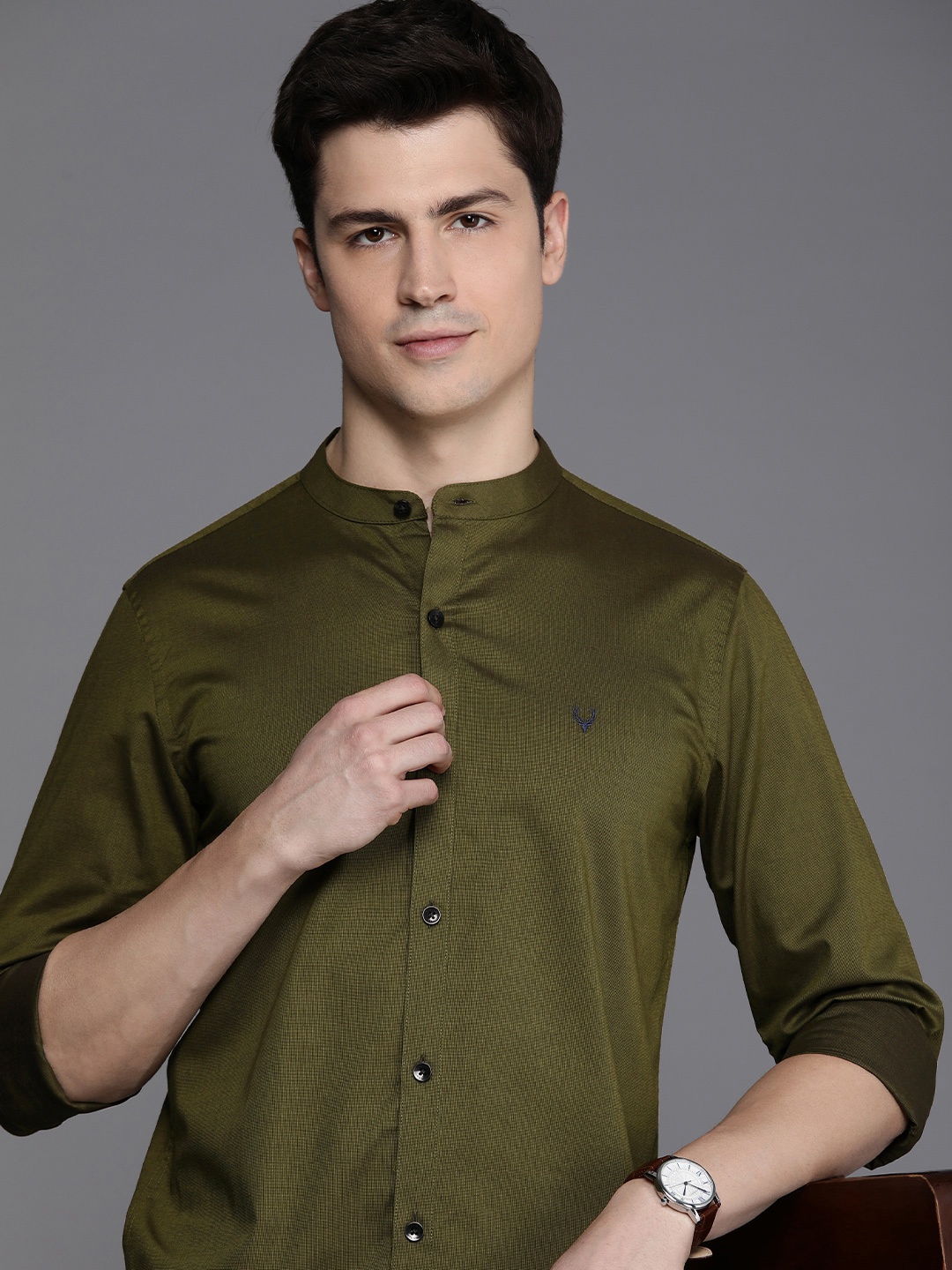 

Allen Solly Pure Cotton Self Design Modern Comfy Slim Fit Textured Casual Shirt, Olive