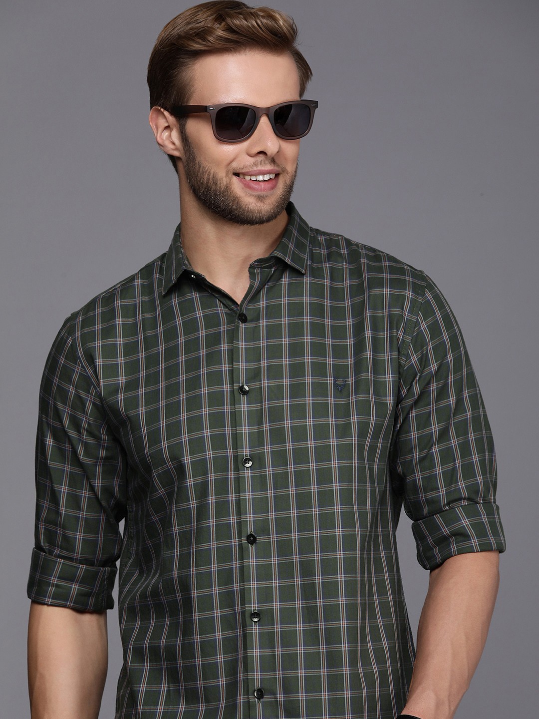 

Allen Solly Classic Slim Fit Pure Cotton Checked Casual Shirt, Olive