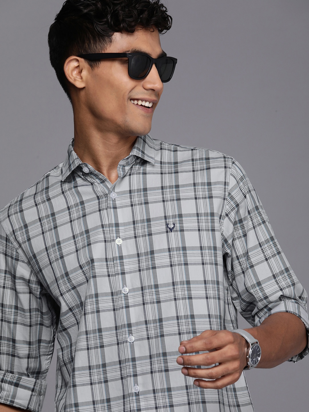 

Allen Solly Pure Cotton Checked Classic Slim Fit Casual Shirt, Grey