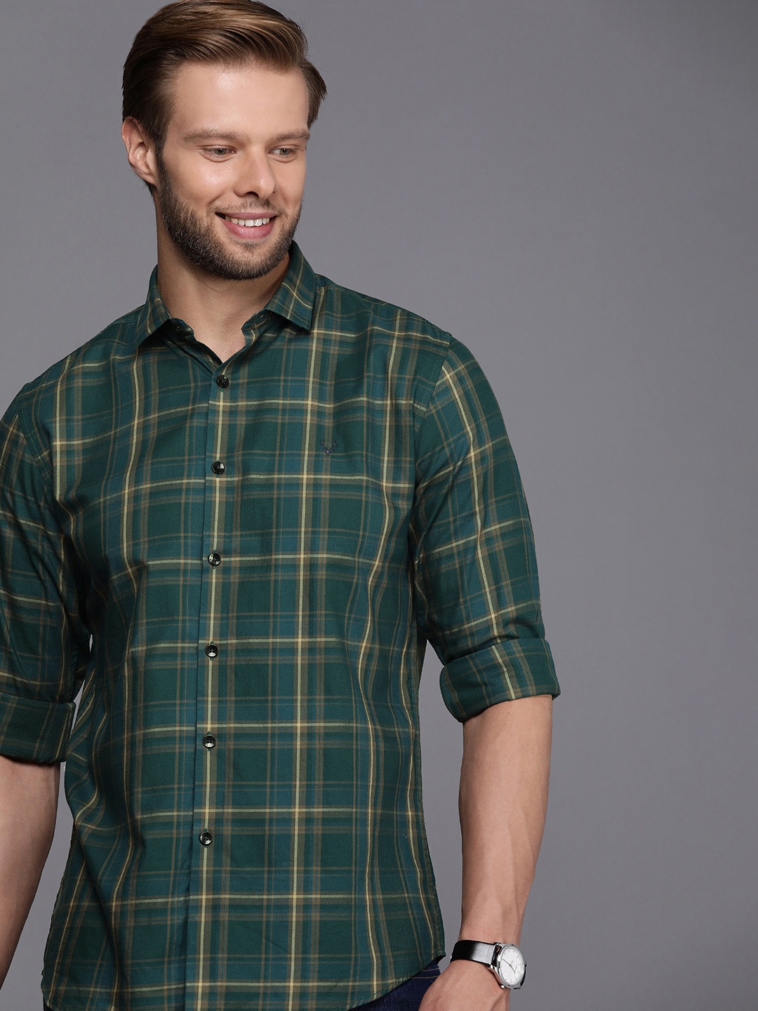 

Allen Solly Pure Cotton Classic Slim Fit Checked Casual Shirt, Green