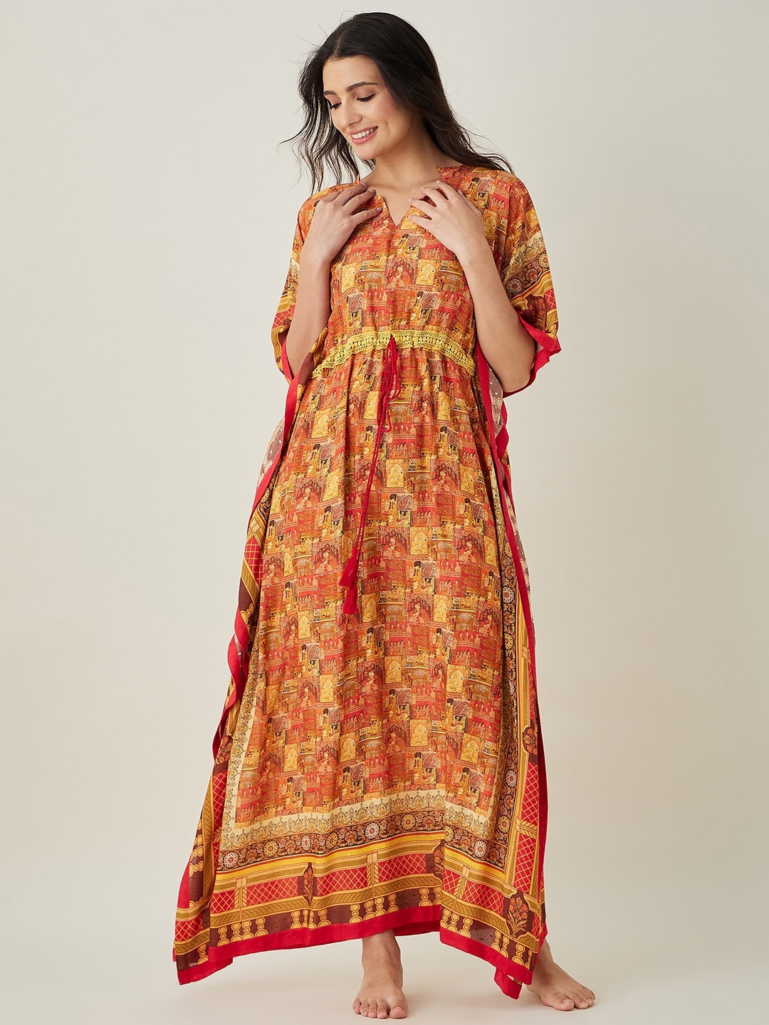 

The Kaftan Company Ethnic Motifs Printed Maxi Kaftan Nightdress, Red