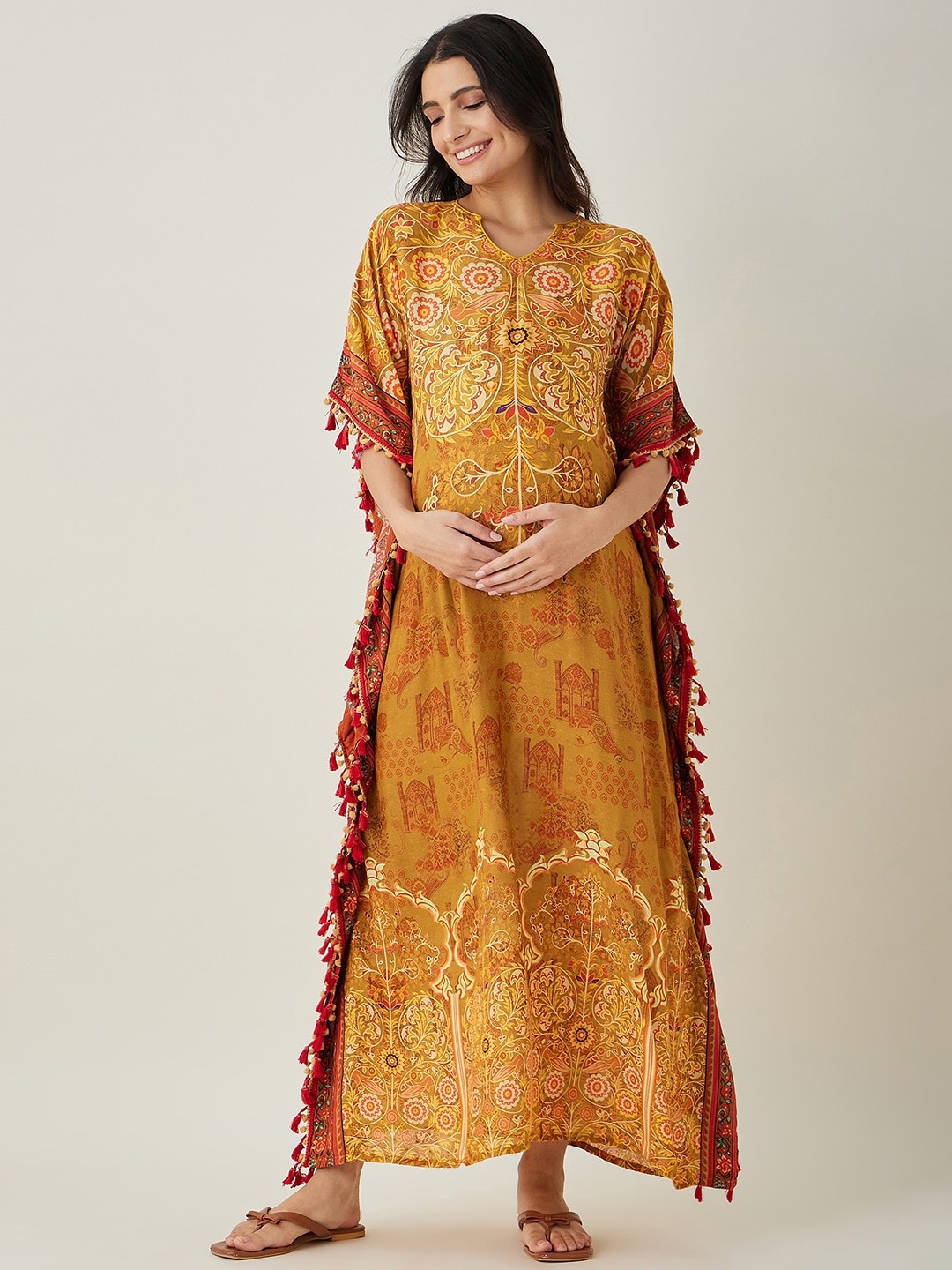 

The Kaftan Company Mustard Yellow Floral Printed Maternity Maxi Kaftan Nightdress