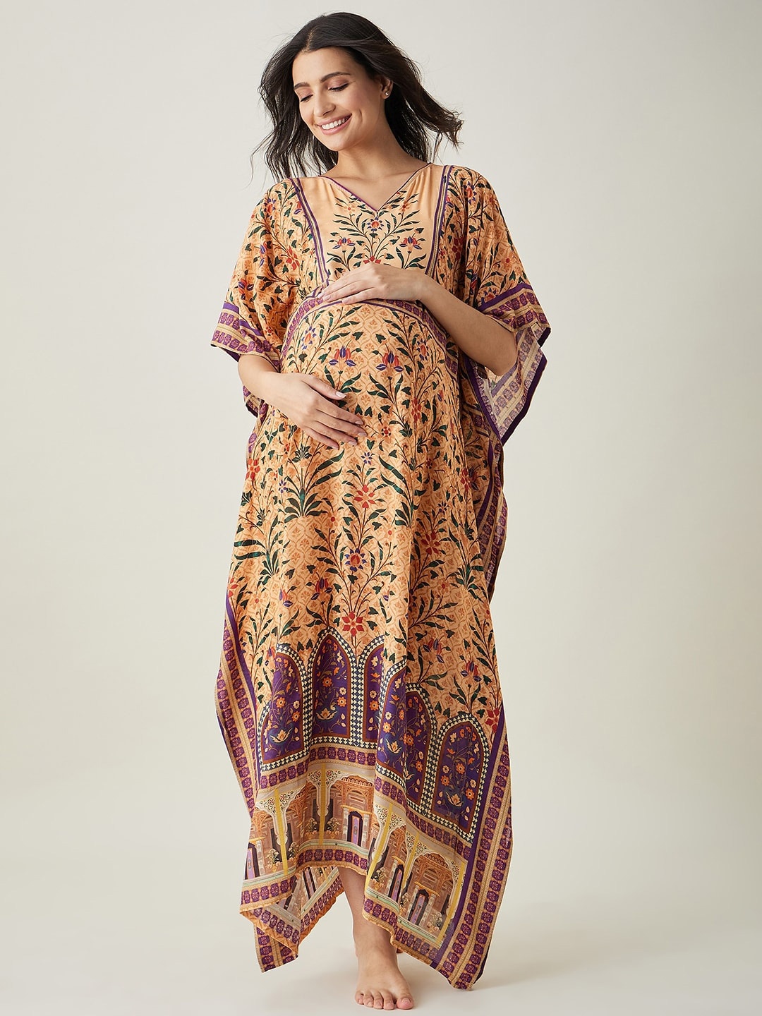

The Kaftan Company Floral Printed Maternity Maxi Kaftan Nightdress, Beige