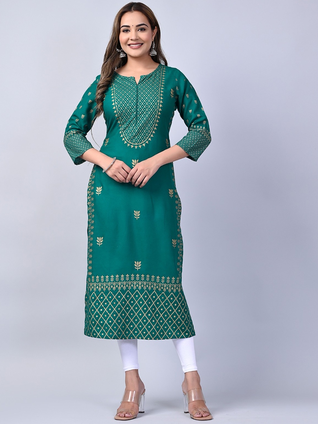 

MAUKA Ethnic Motifs Printed Straight Kurta, Green
