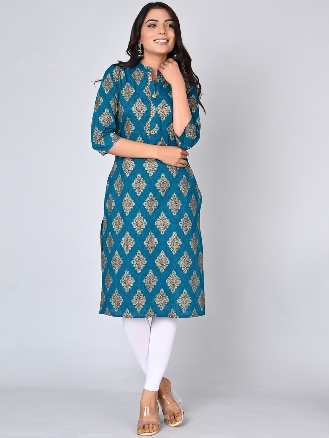 

MAUKA Ethnic Motifs Printed Straight Kurta, Teal