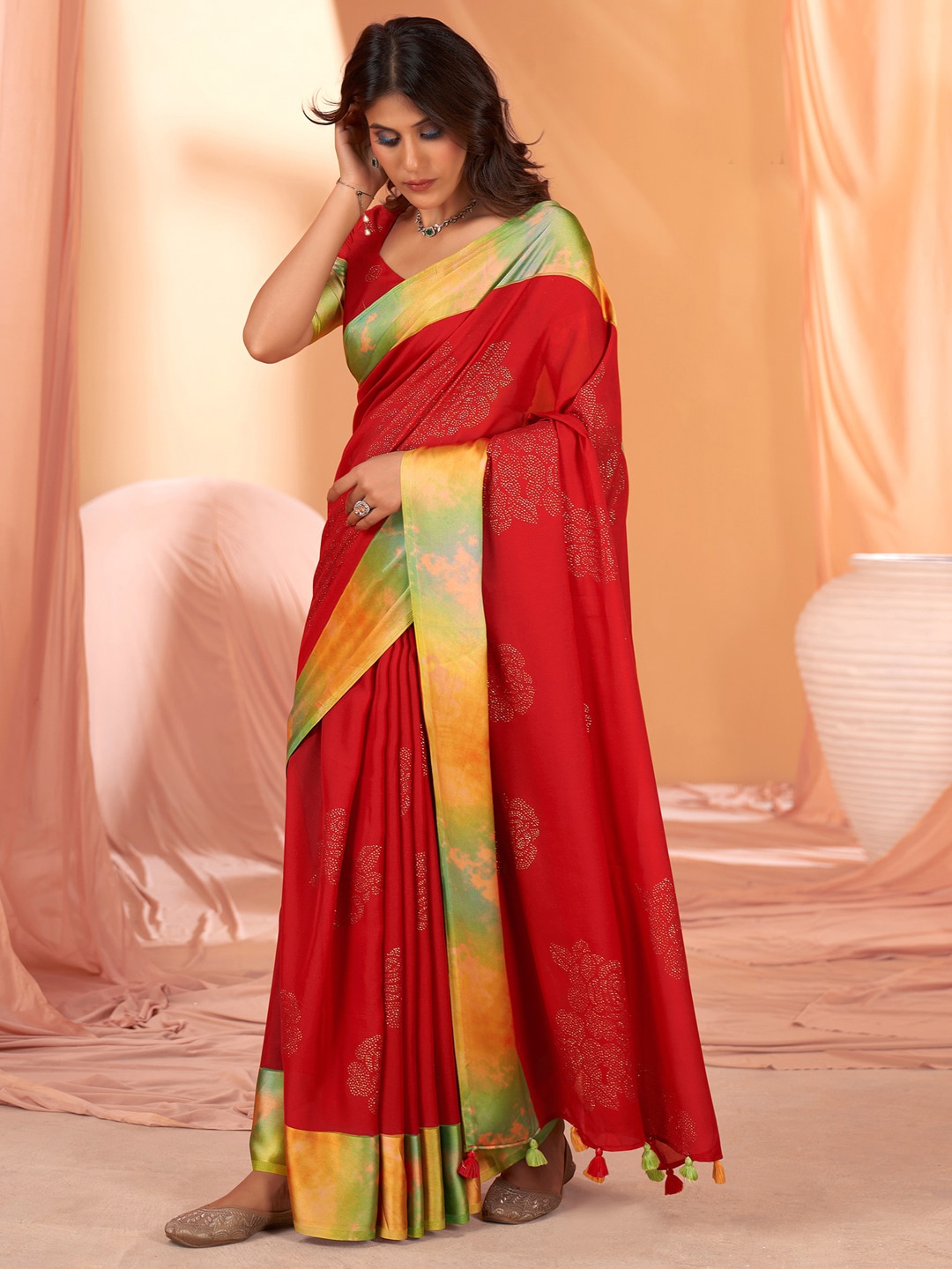 

Sangria Red Embellished Saree With Printed Border