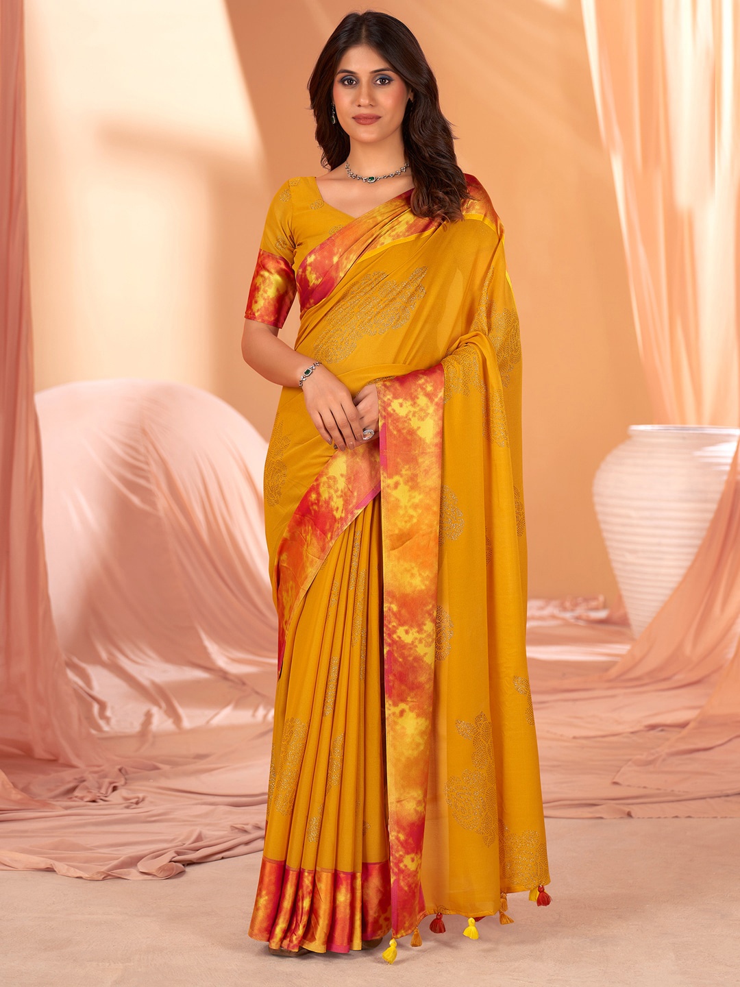 

Sangria Yellow Embellished Saree With Printed Border