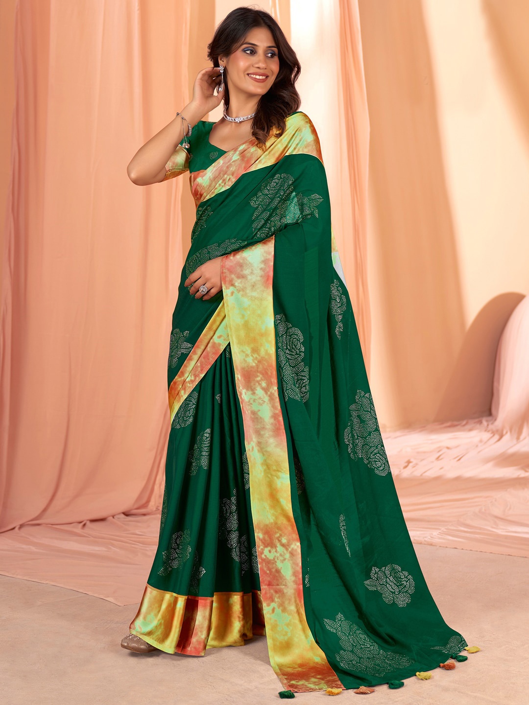 

Sangria Green Embellished Saree With Printed Border