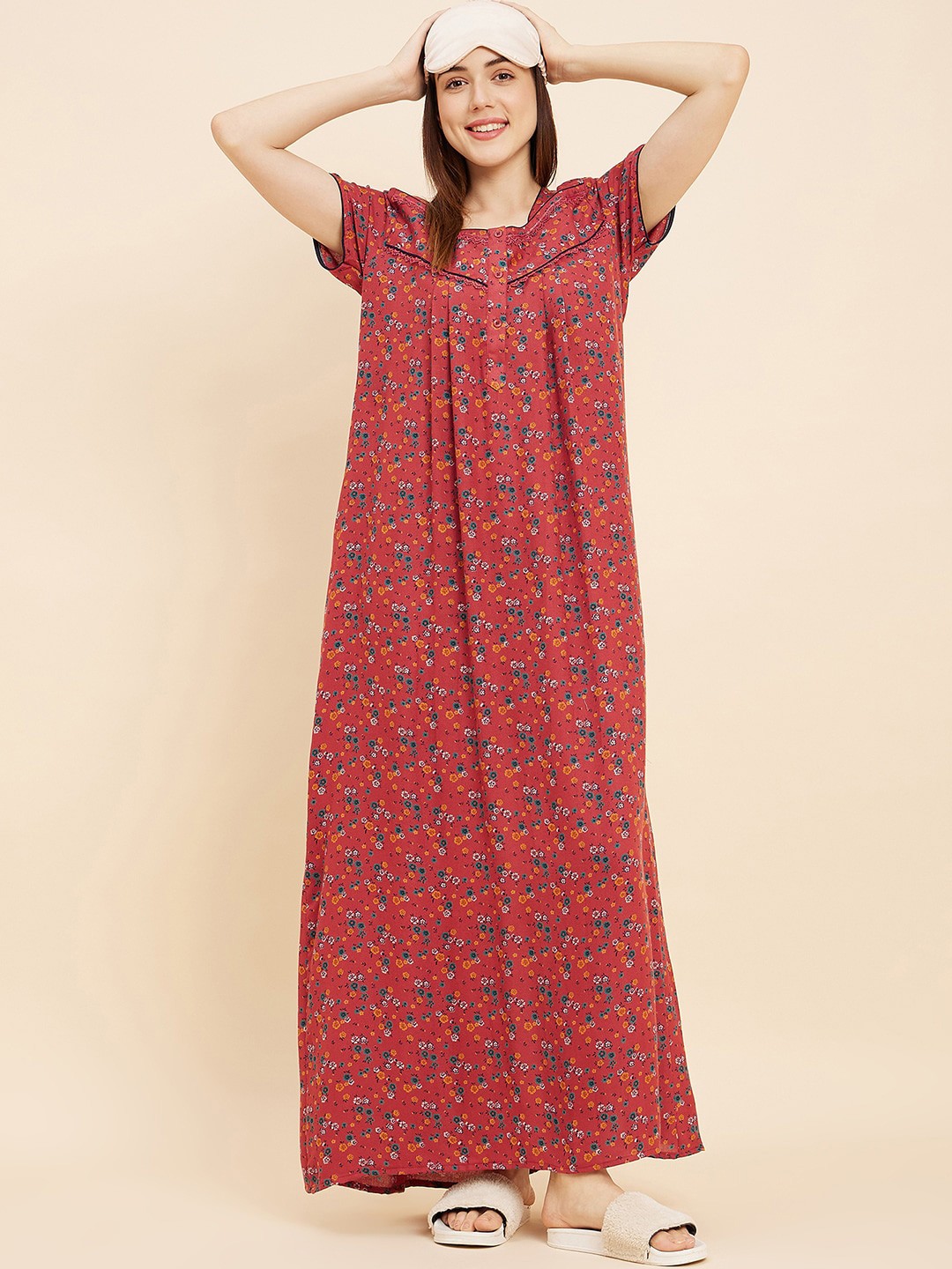 

Sweet Dreams Red Floral Printed Pure Cotton Maxi Nightdress