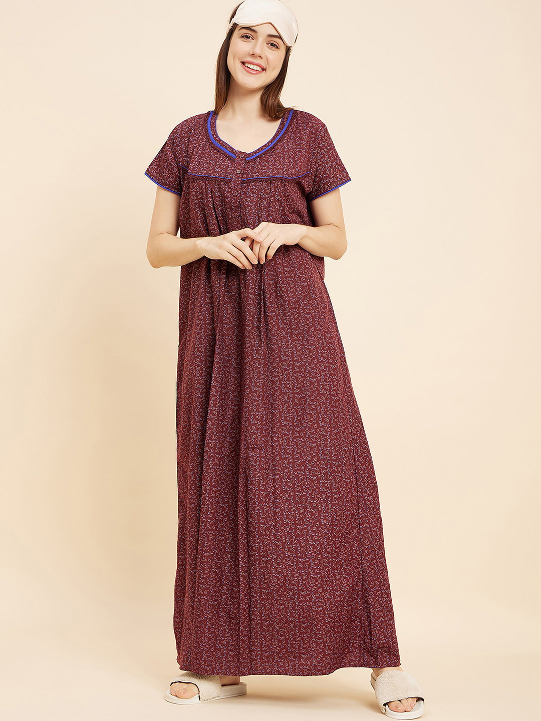 

Sweet Dreams Maroon Ethnic Motifs Printed Maxi Nightdress