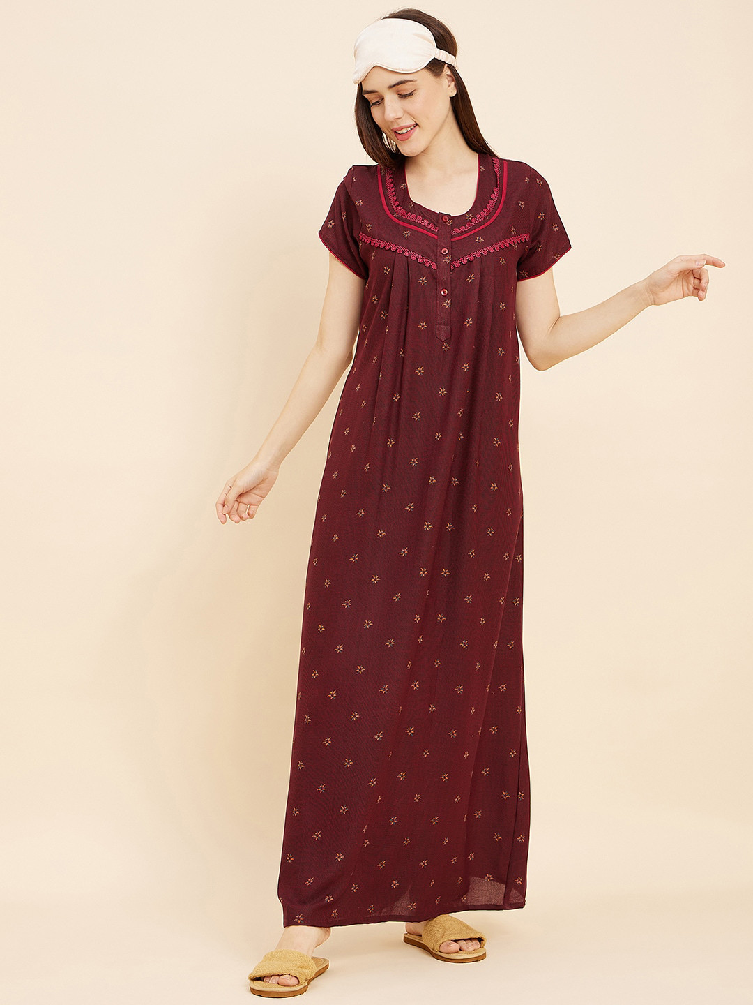

Sweet Dreams Maroon Printed Cotton Maxi Nightdress