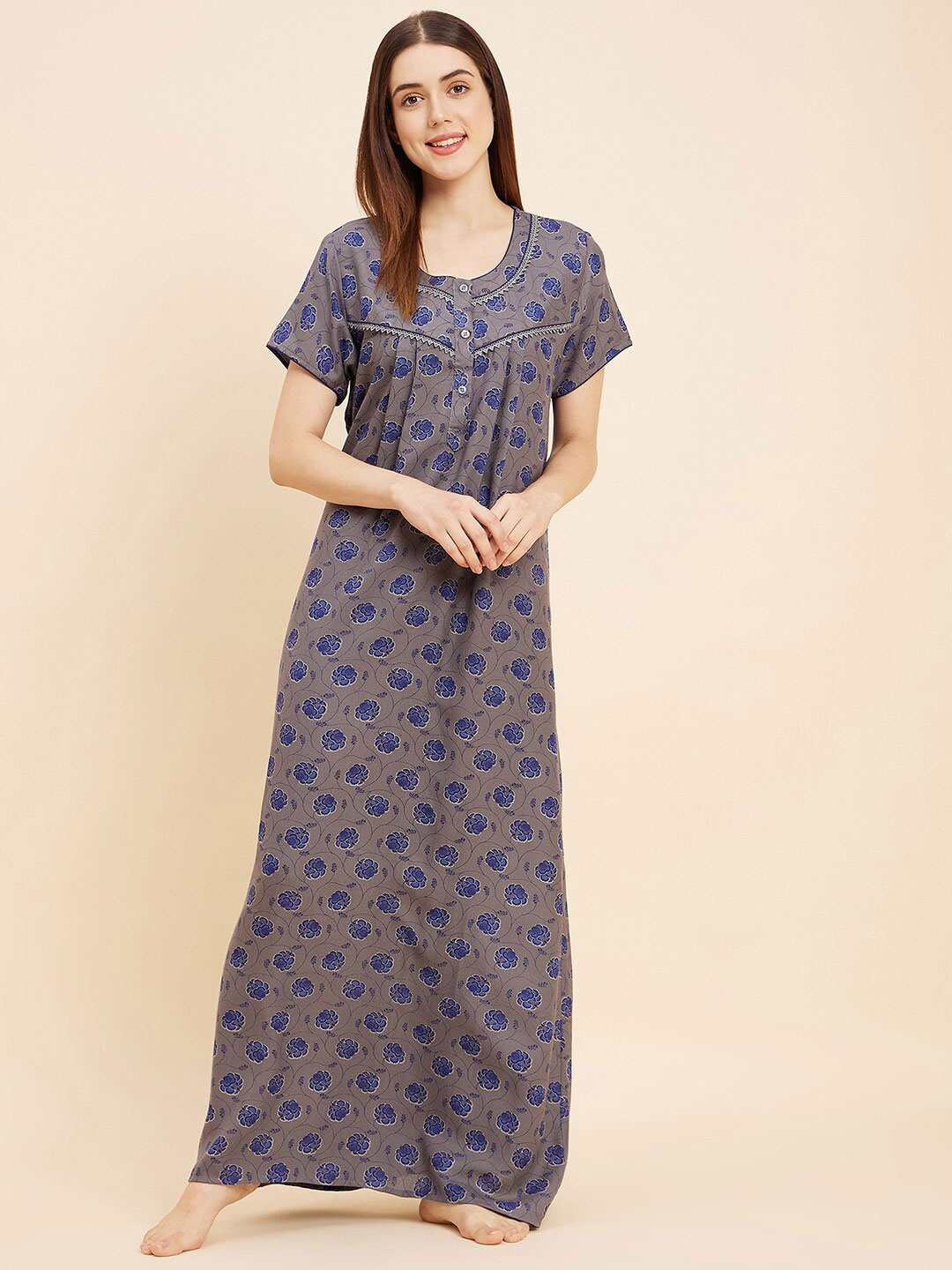 

Sweet Dreams Grey Floral Printed Pure Cotton Maxi Nightdress