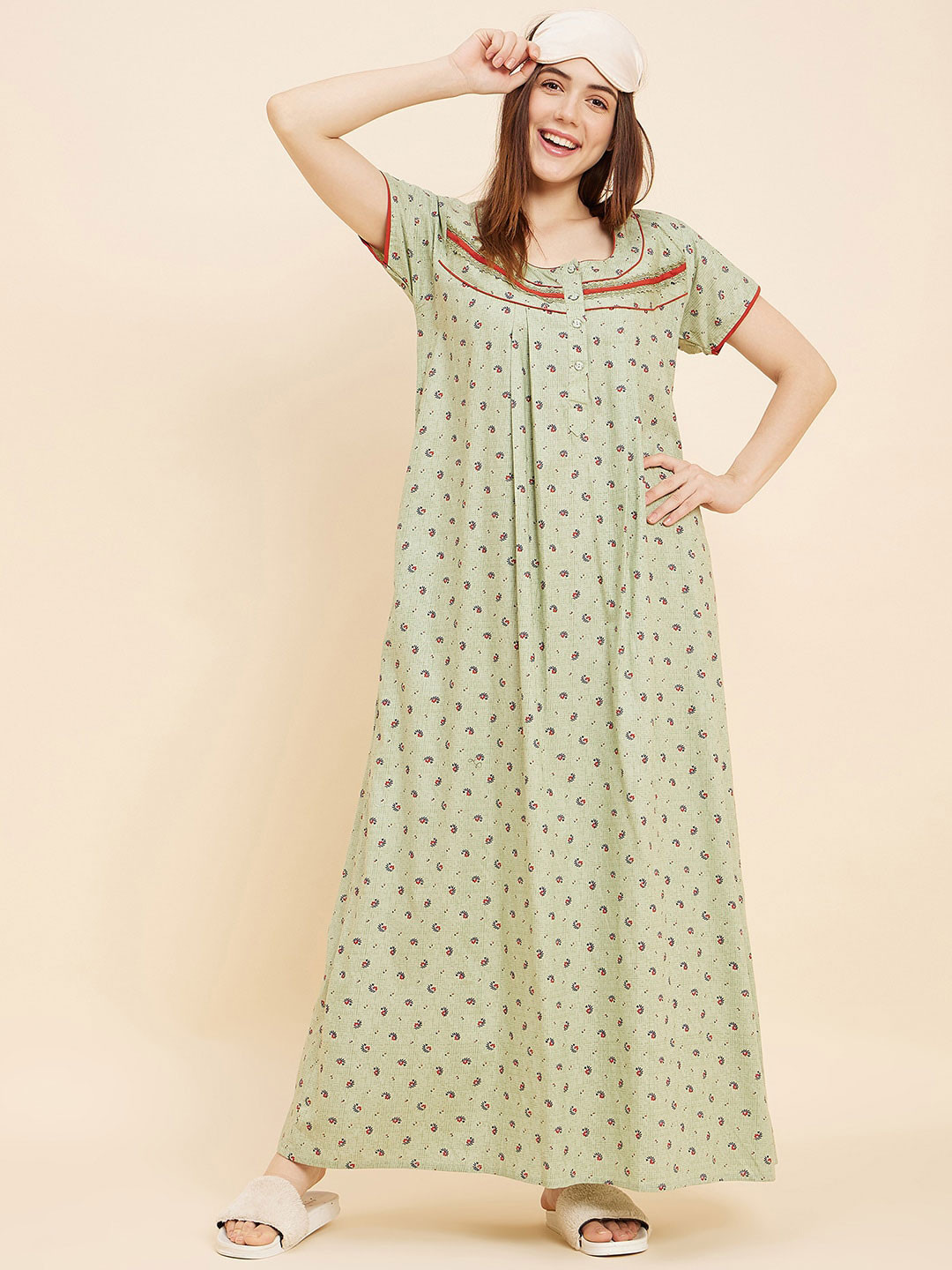 

Sweet Dreams Green Printed Cotton Maxi Nightdress