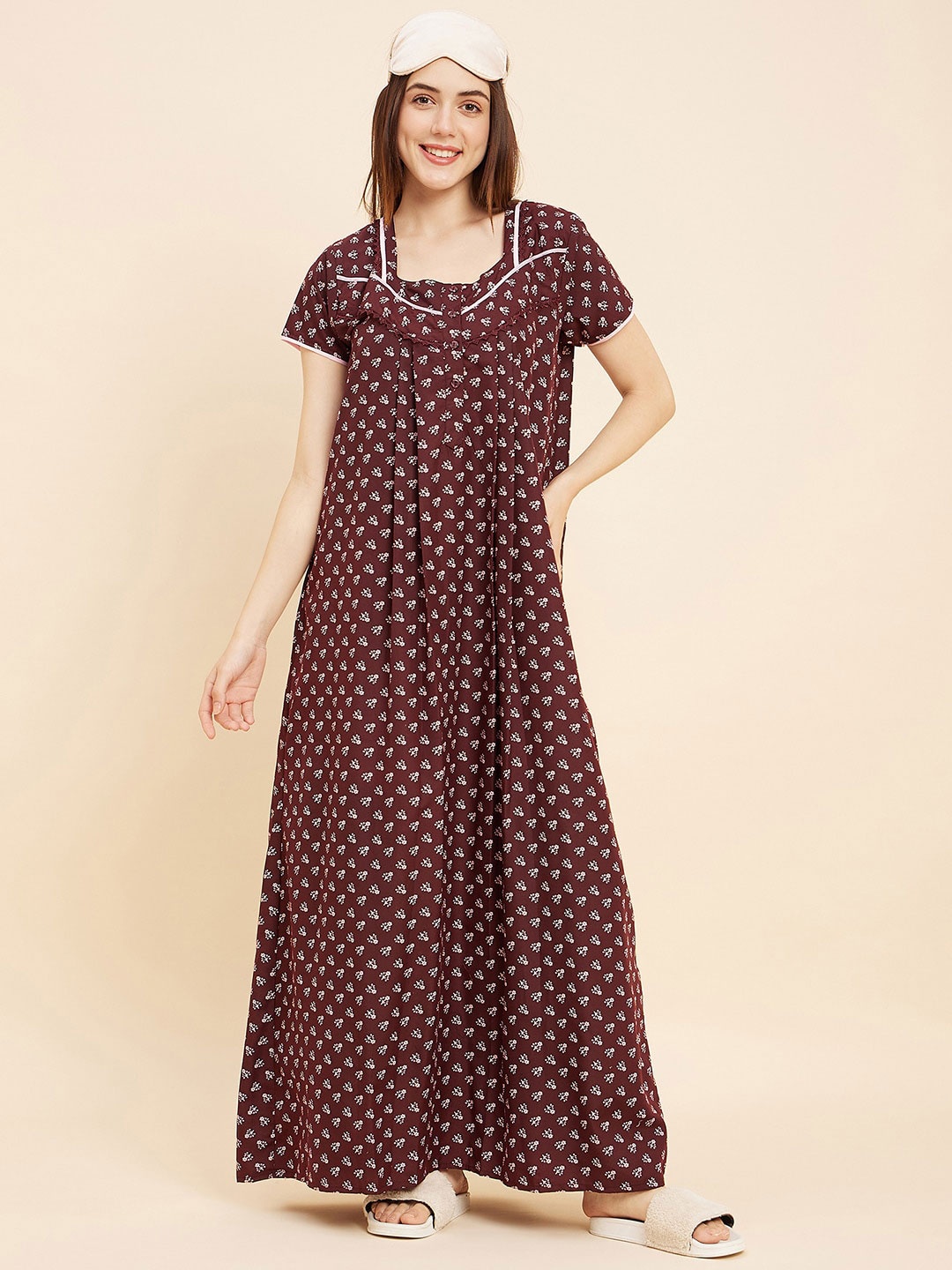 

Sweet Dreams Maroon Floral Printed Maxi Nightdress