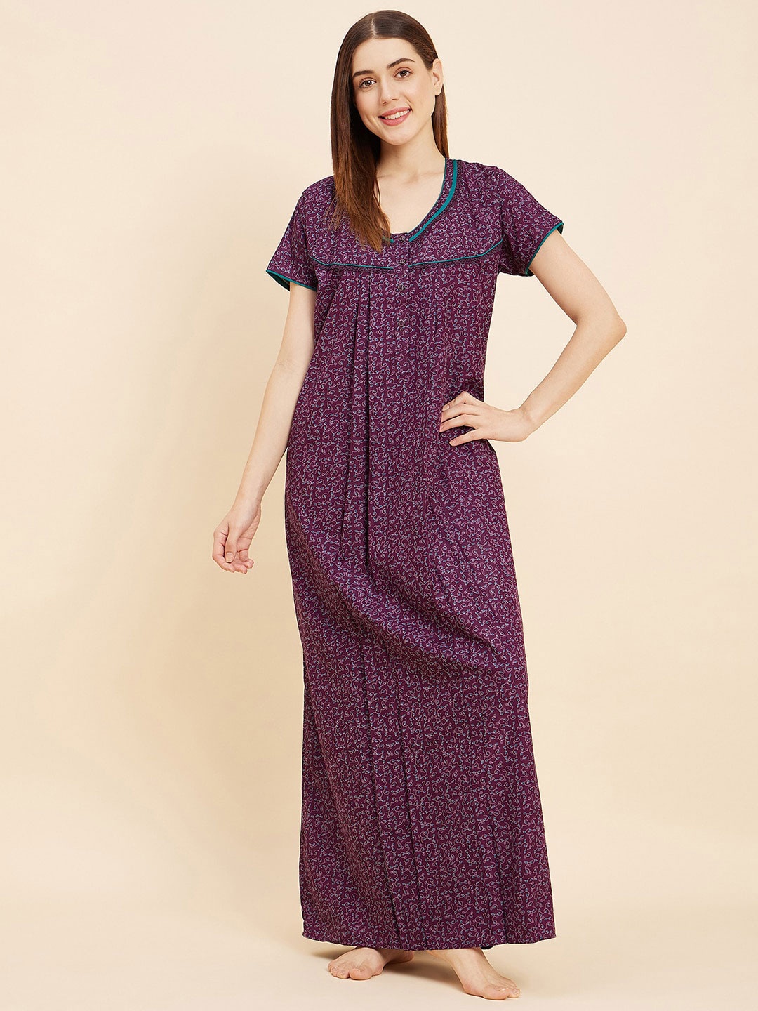 

Sweet Dreams Purple Ethnic Motifs Printed Maxi Nightdress