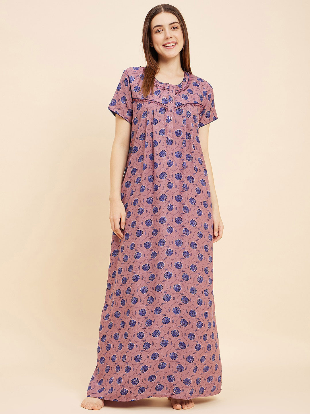 

Sweet Dreams Rose & Blue Floral Printed Pure Cotton Maxi Nightdress