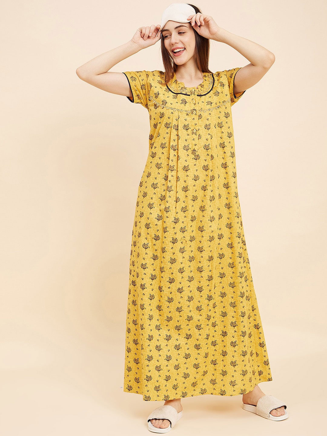 

Sweet Dreams Yellow Floral Printed Pure Cotton Maxi Nightdress