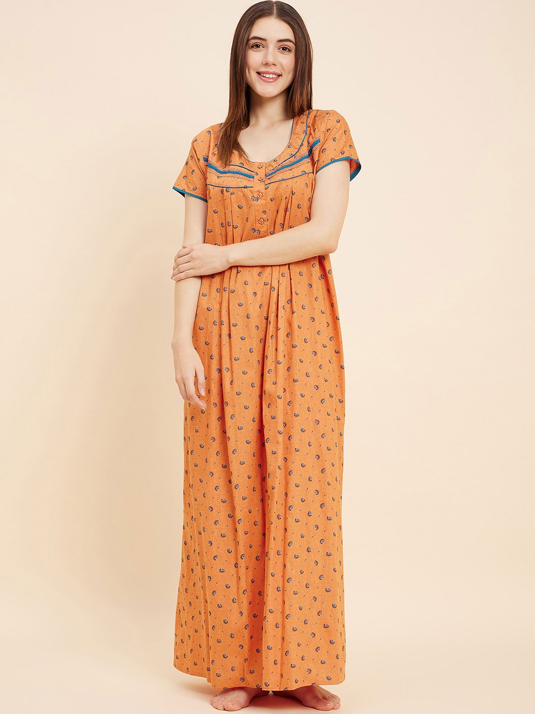 

Sweet Dreams Orange Ethnic Motifs Printed Pure Cotton Maxi Nightdress