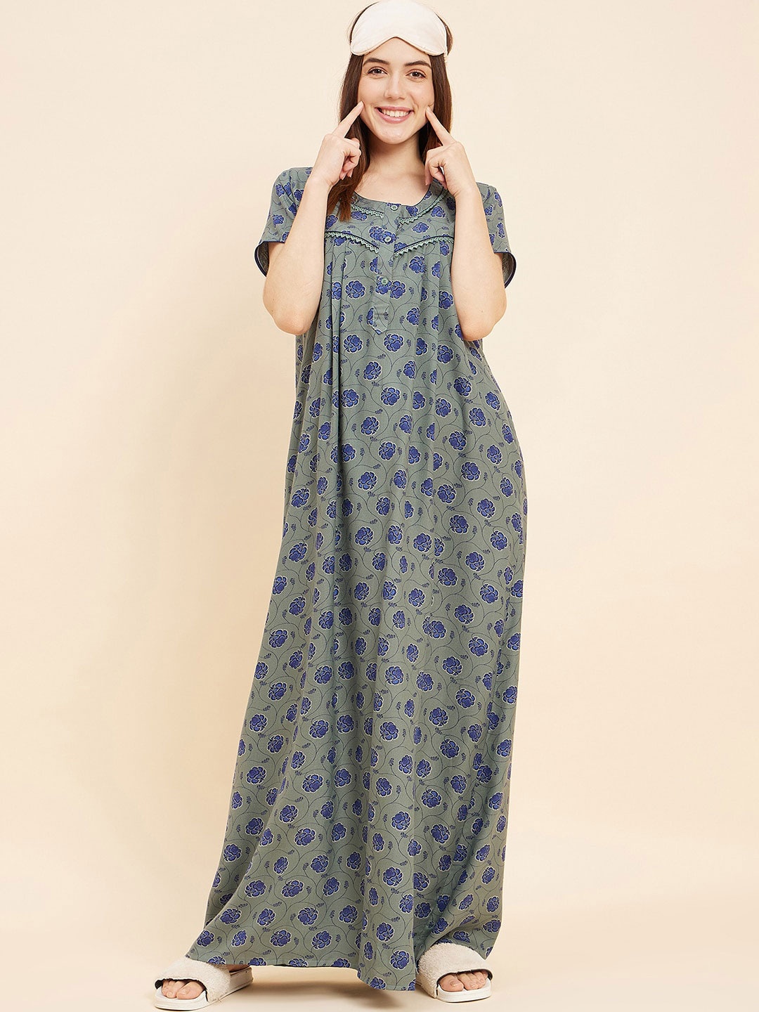 

Sweet Dreams Green Floral Printed Pure Cotton Maxi Nightdress