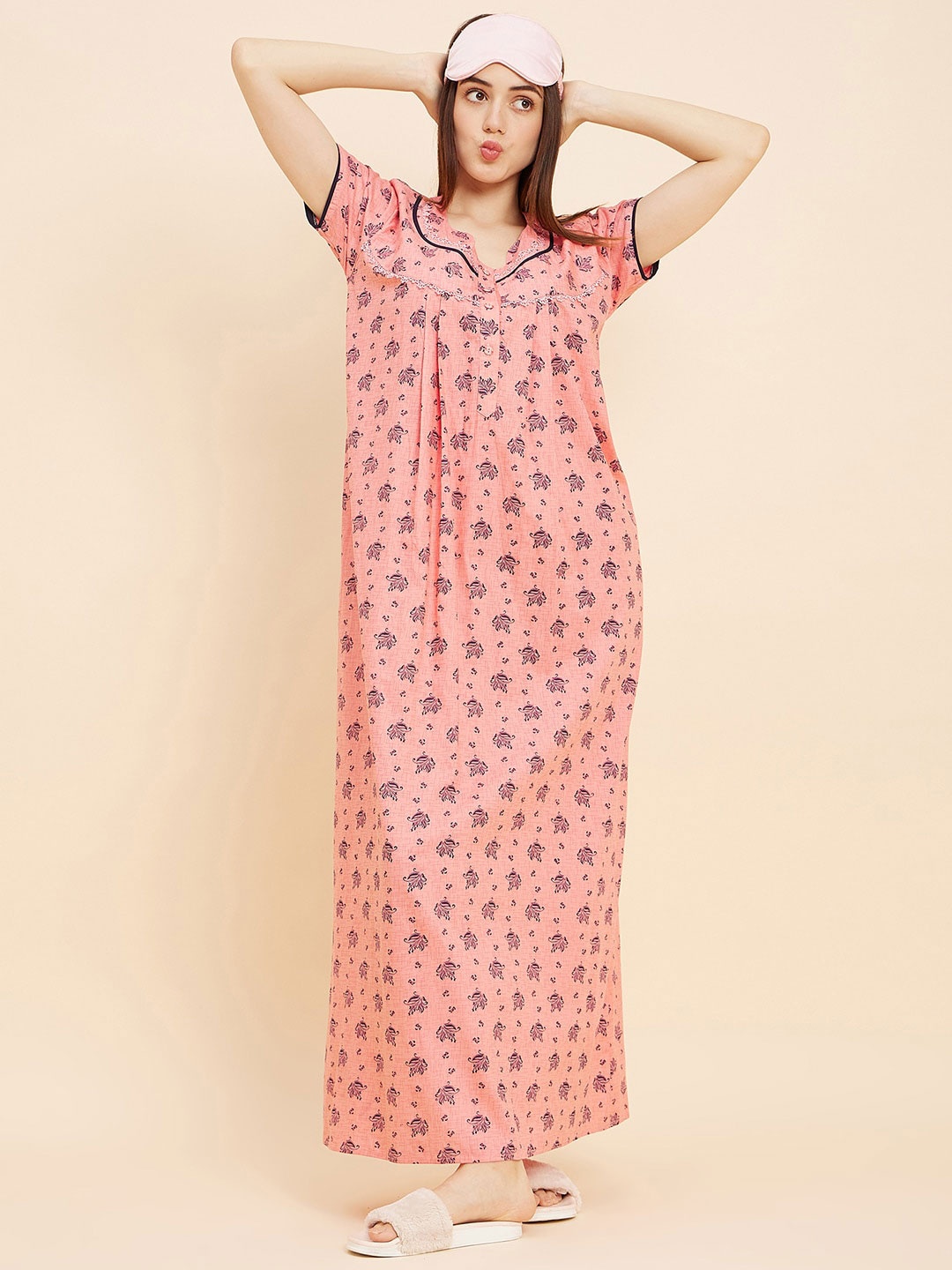 

Sweet Dreams Peach Coloured Floral Printed Pure Cotton Maxi Nightdress