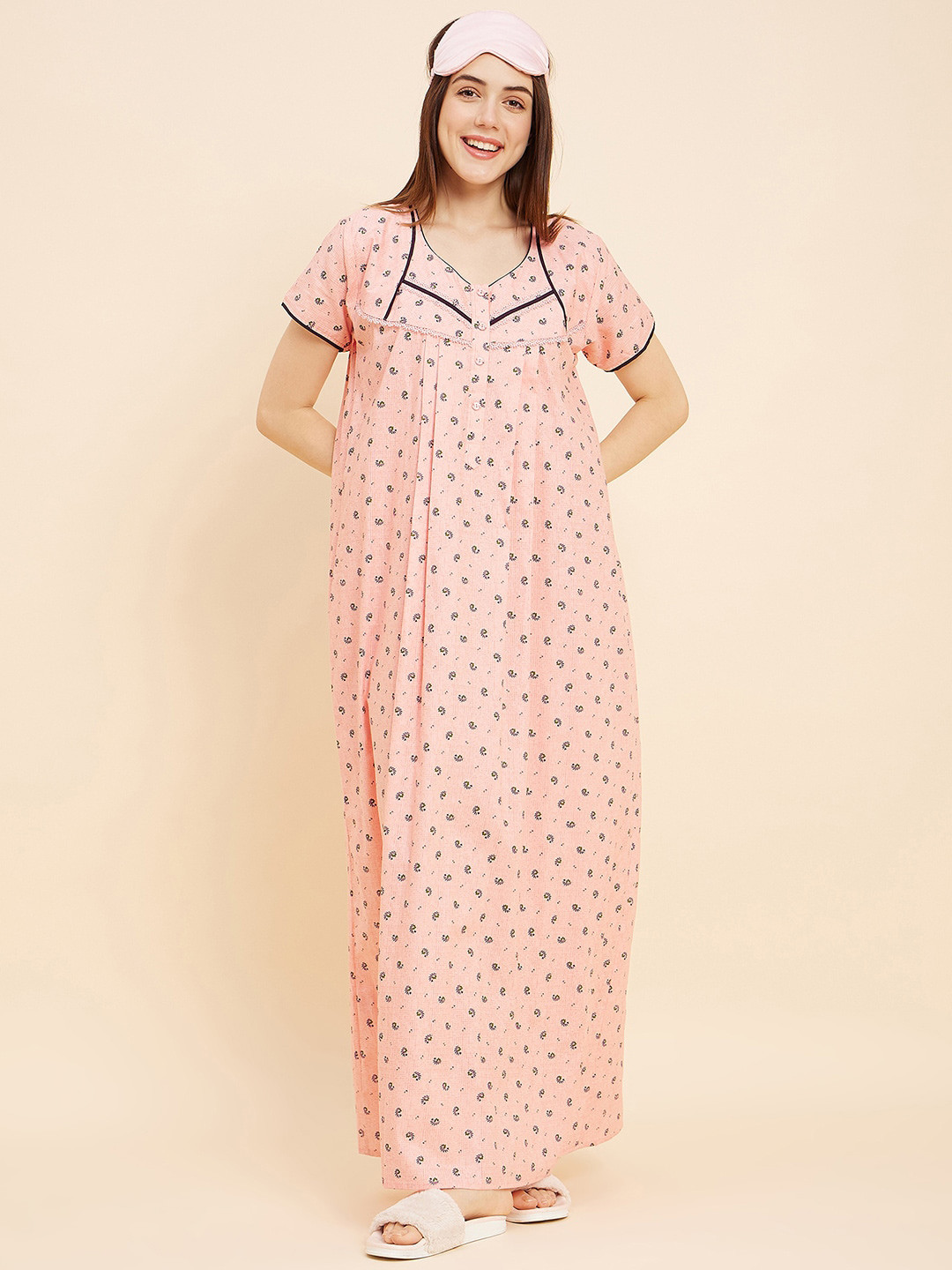

Sweet Dreams Peach-Coloured Printed Cotton Maxi Nightdress