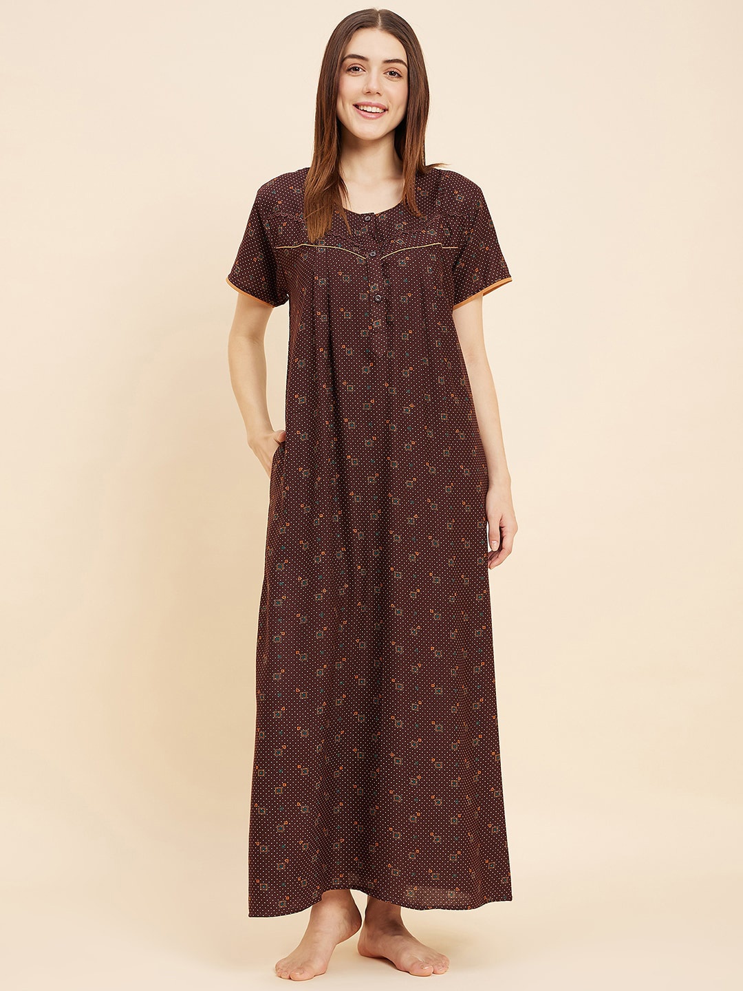 

Sweet Dreams Brown Geometric Printed Pure Cotton Maxi Nightdress