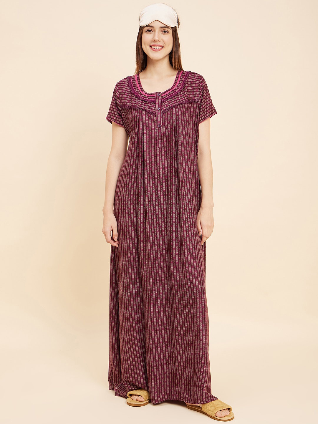 

Sweet Dreams Maroon Geometric Printed Pure Cotton Maxi Nightdress