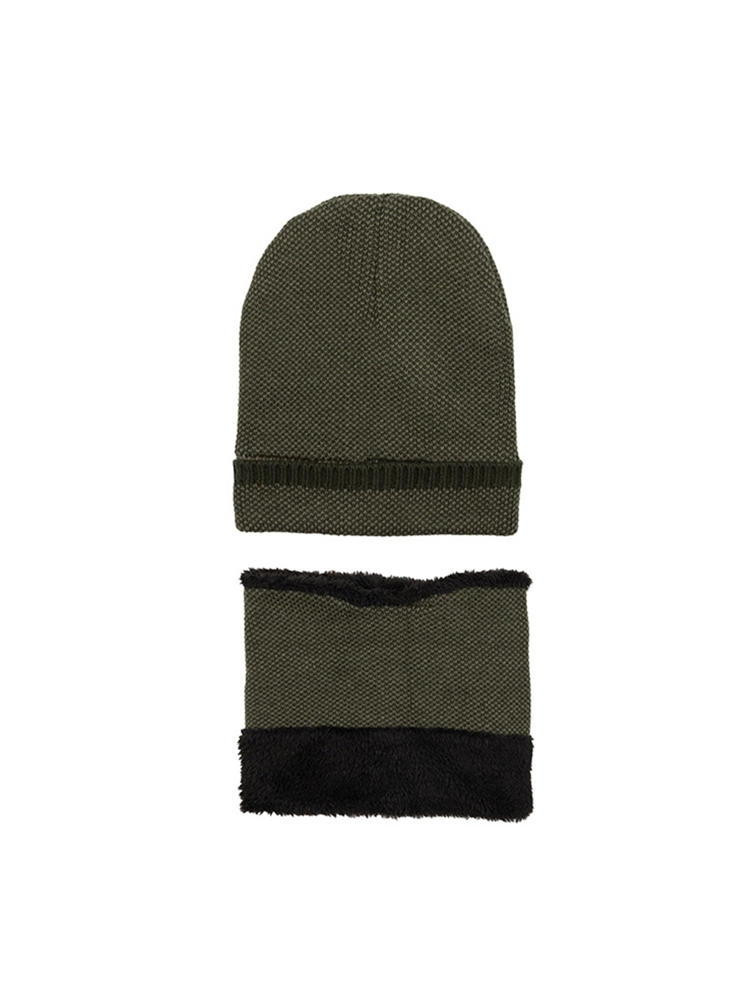 

Status Quo Men Self Design Acrylic Beanie & Muffler Set, Olive