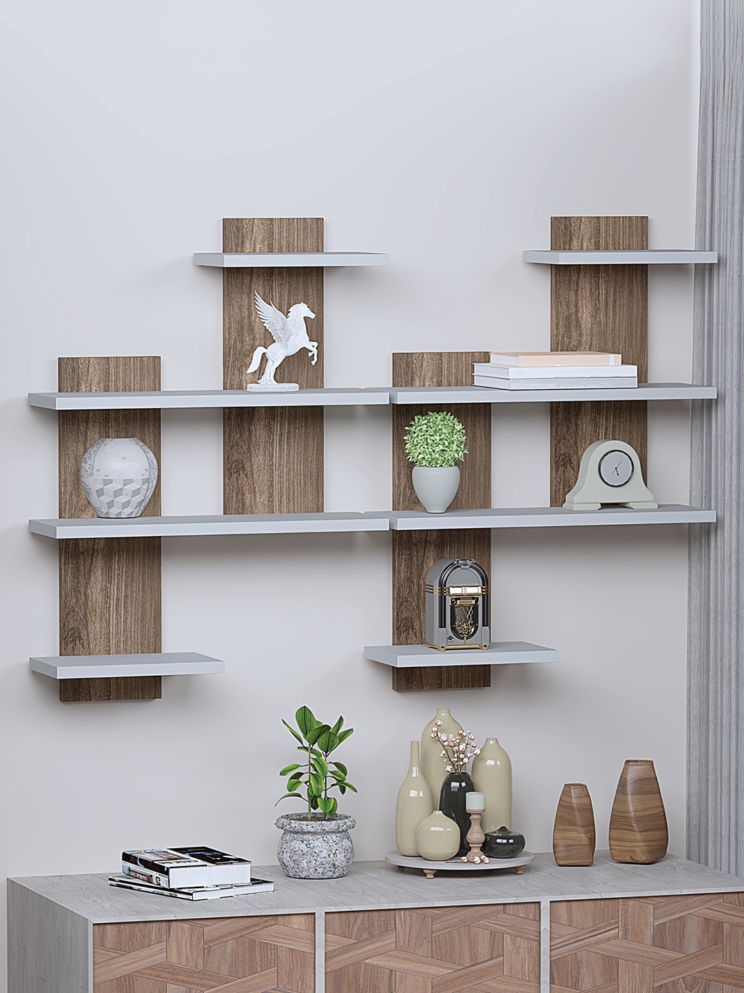 

RANDOM Brown & White 2 Pieces Wood 4-Tier Wall Shelves