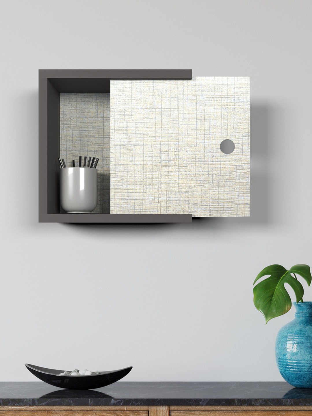 

RANDOM Grey & Off White Wood Pocket Wall Shelf