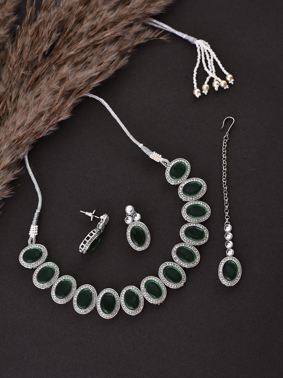 

Swabhimann Jewellery Silver-Plated American Diamond Studded Jewellery Set, Green