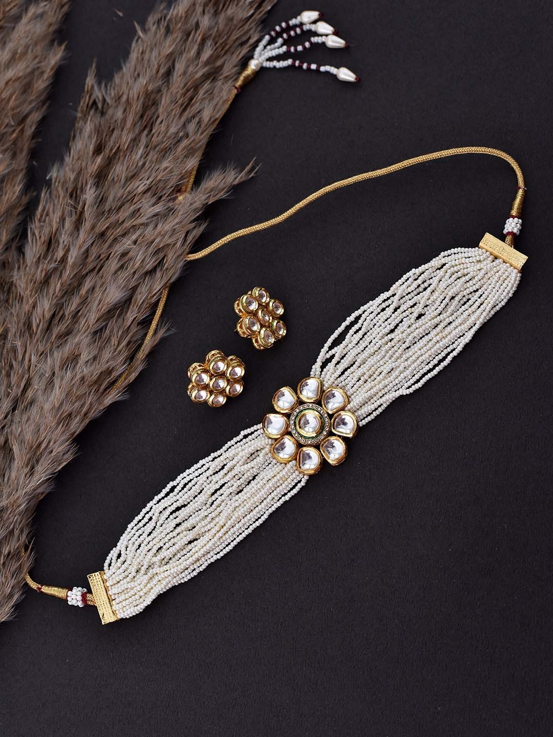

Swabhimann Jewellery Kundan Studded & Beaded Necklace & Earrings, Gold